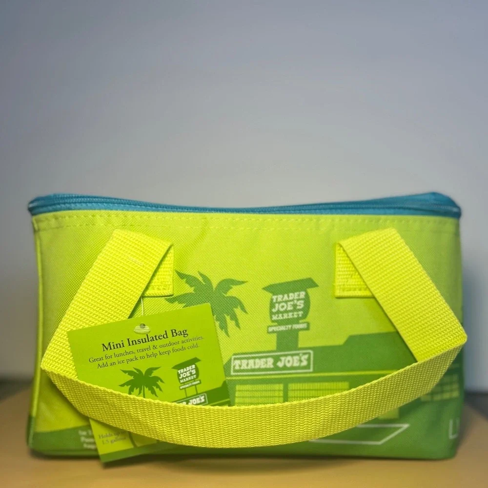 Trader Joes Mini Insulated Tote Bag Lime Green Teal Blue 1.5 Gallon Lunch NWT